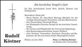Traueranzeige Rudolf Köstner
