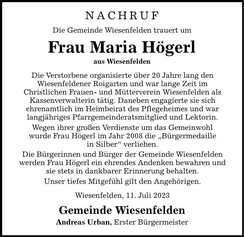 Traueranzeige Maria Högerl