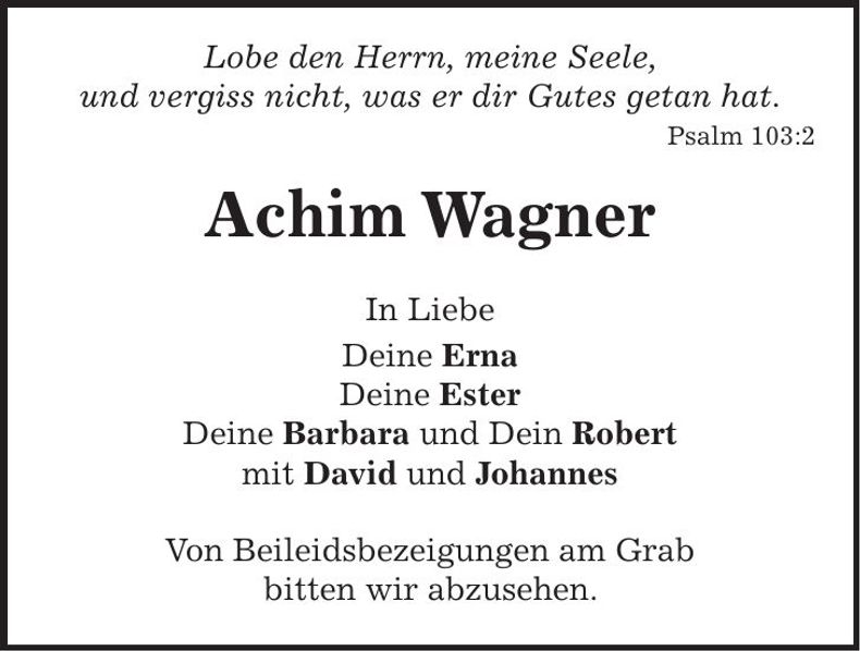 Traueranzeige Achim Wagner