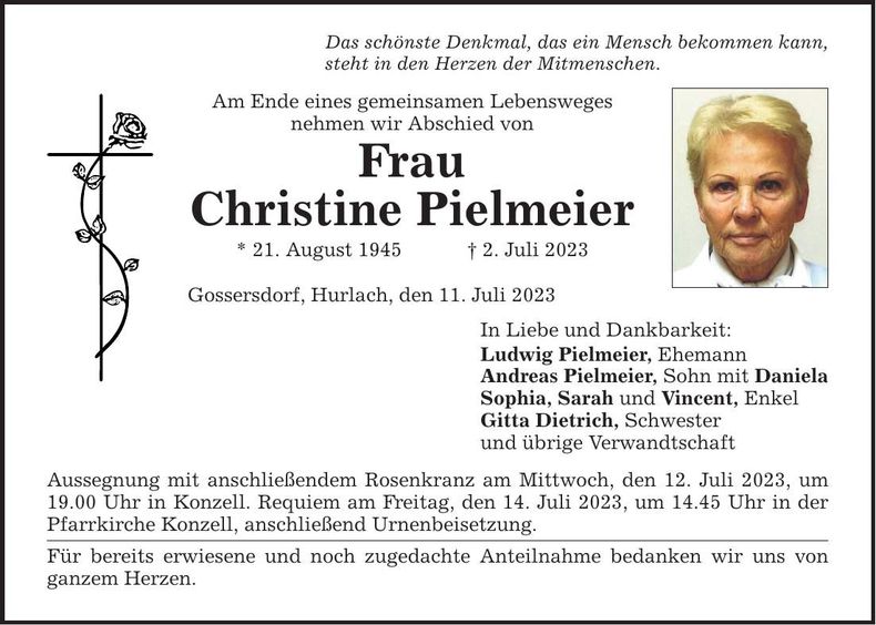 Traueranzeige Christine Pielmeier