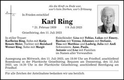 Traueranzeige Karl Ring