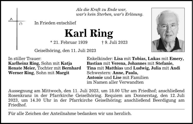 Traueranzeige Karl Ring