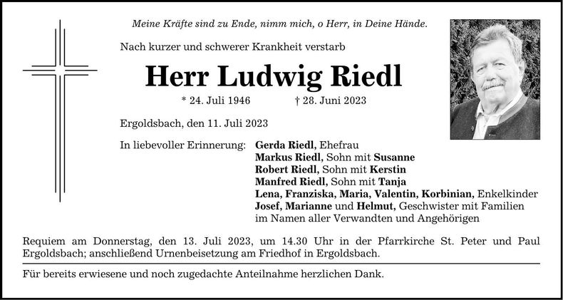 Traueranzeige Ludwig Riedl