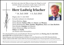 Traueranzeige Ludwig Irlacher