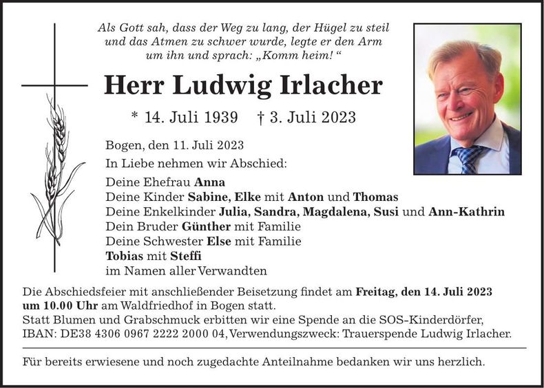 Traueranzeige Ludwig Irlacher