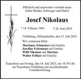 Traueranzeige Josef Nikolaus