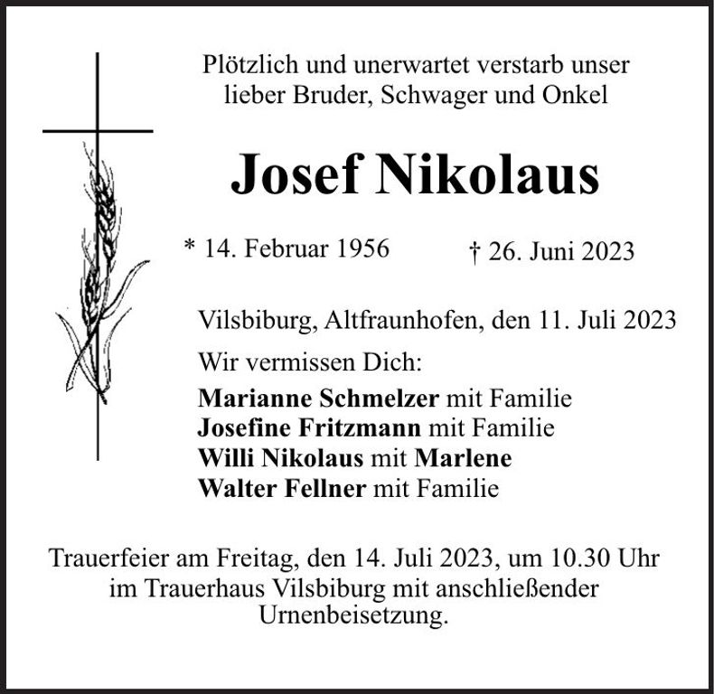 Traueranzeige Josef Nikolaus