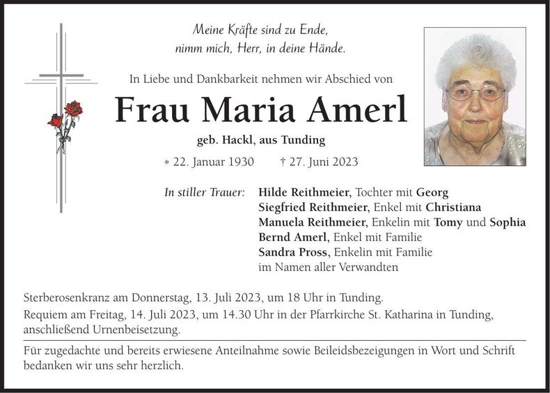 Traueranzeige Maria Amerl