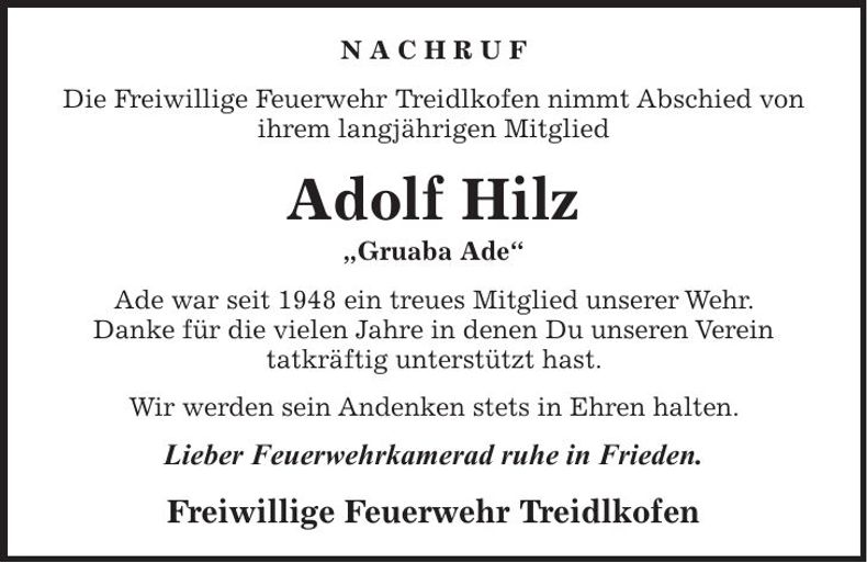 Traueranzeige Adolf Hilz