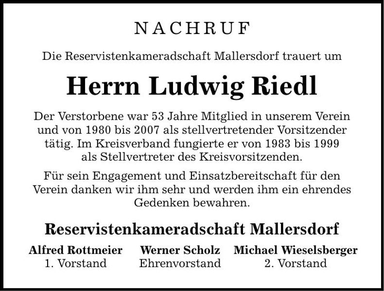 Traueranzeige Ludwig Riedl
