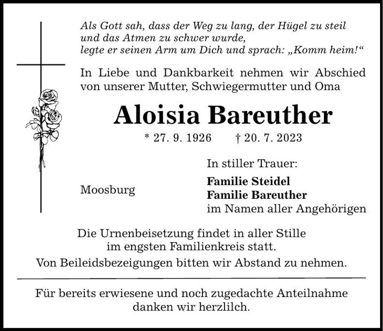 Traueranzeige Aloisia Bareuther