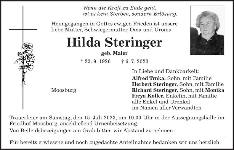 Traueranzeige Hilda Steringer