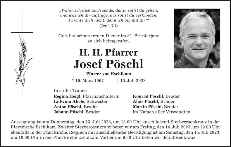 Traueranzeige Josef Pfarrer Pöschl