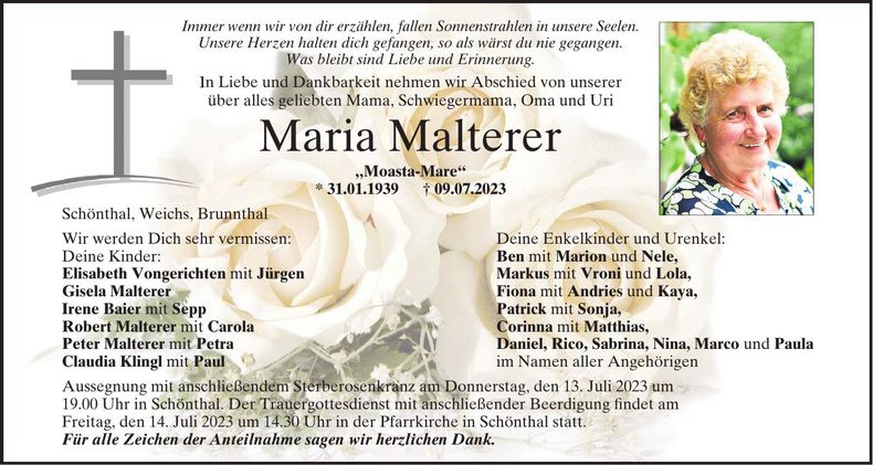 Traueranzeige Maria Malterer