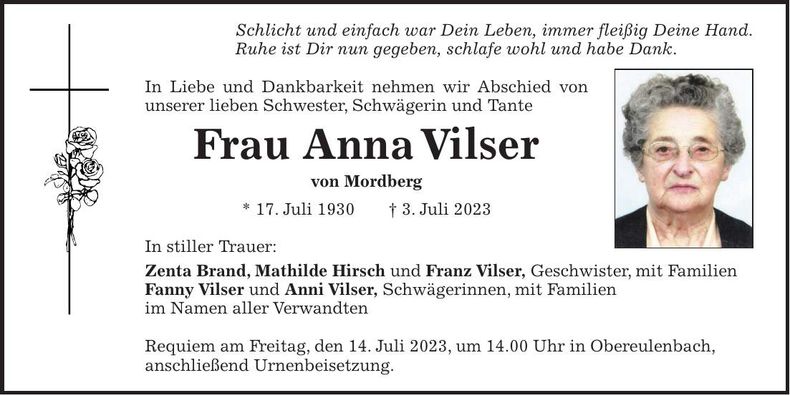 Traueranzeige Anna Vilser