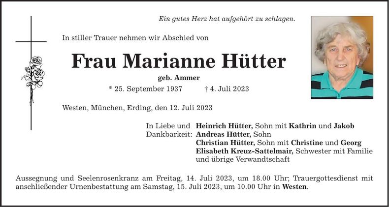 Traueranzeige Marianne Hütter