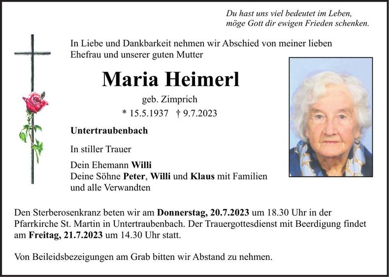 Traueranzeige Maria Heimerl