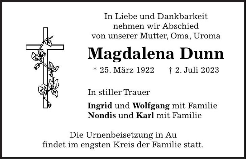 Traueranzeige Magdalena Dunn