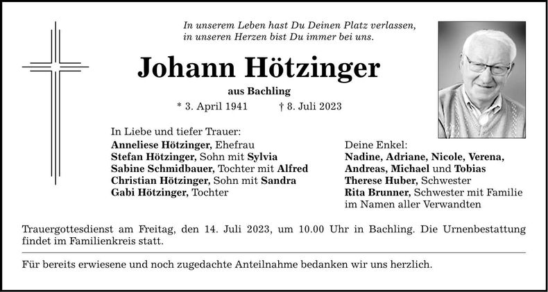 Traueranzeige Johann Hötzinger