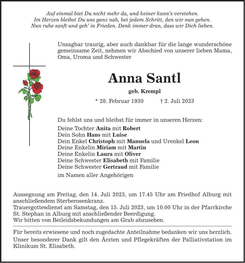 Traueranzeige Anna Santl