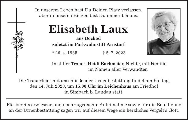 Traueranzeige Elisabeth Laux