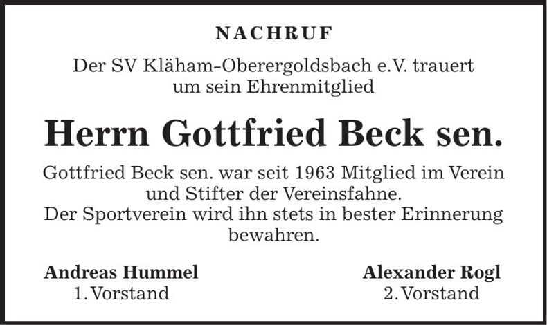 Traueranzeige Gottfried Beck