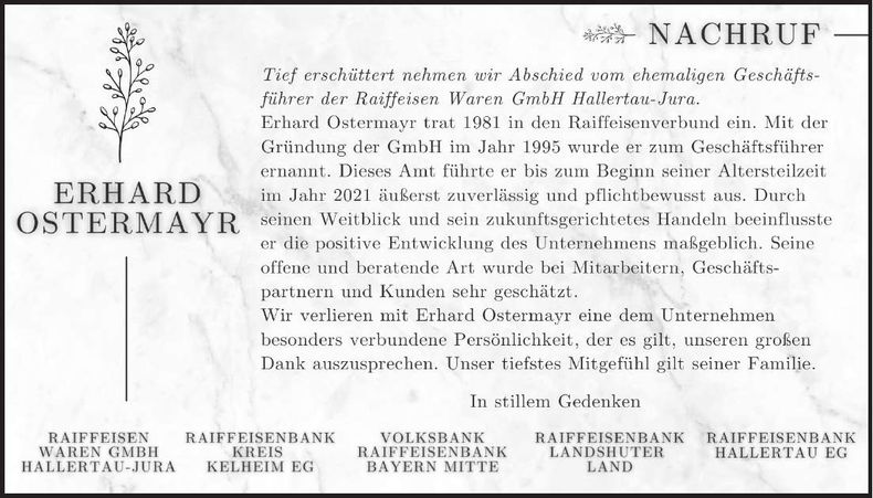 Traueranzeige Erhard Ostermayr