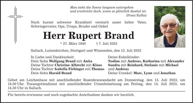 Traueranzeige Rupert Brand