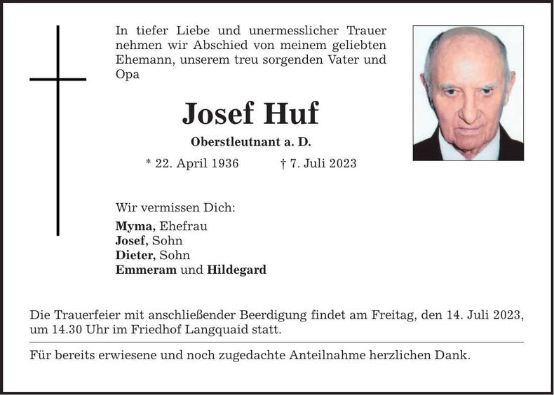 Traueranzeige Josef Huf