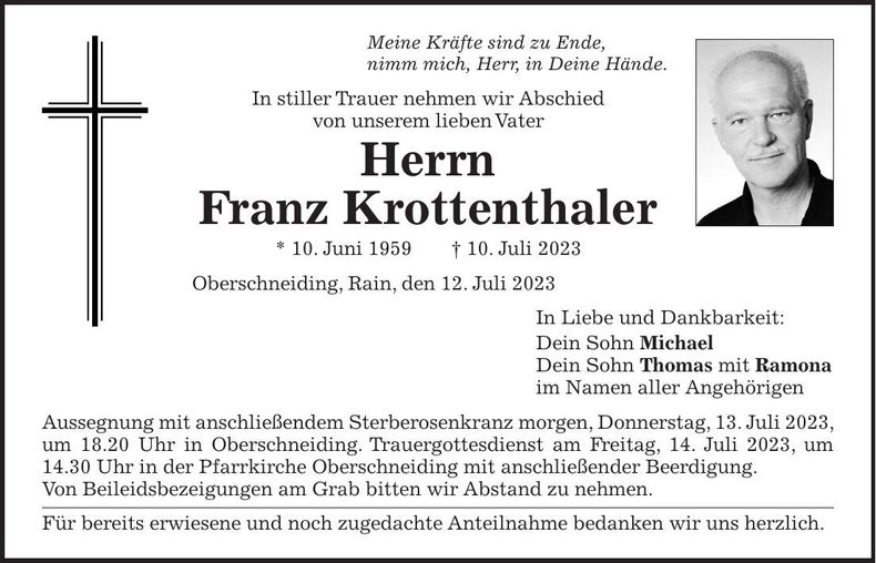Traueranzeige Franz Krottenthaler