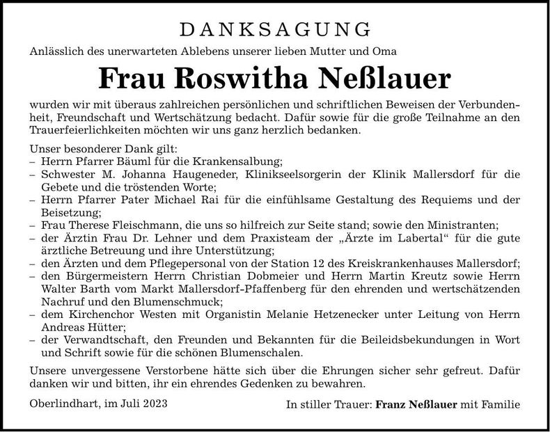 Traueranzeige Roswitha Neßlauer