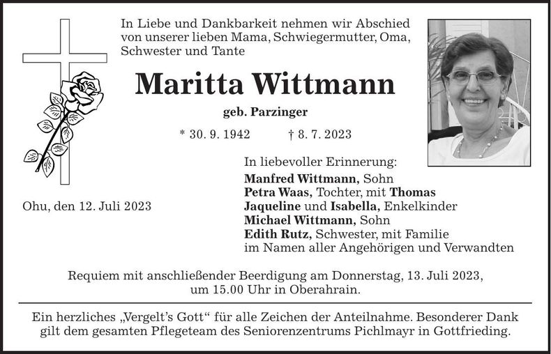 Traueranzeige Maritta Wittmann