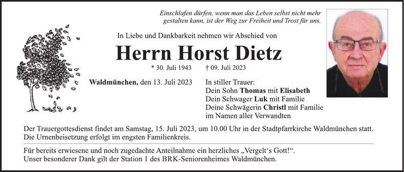 Traueranzeige Horst Dietz