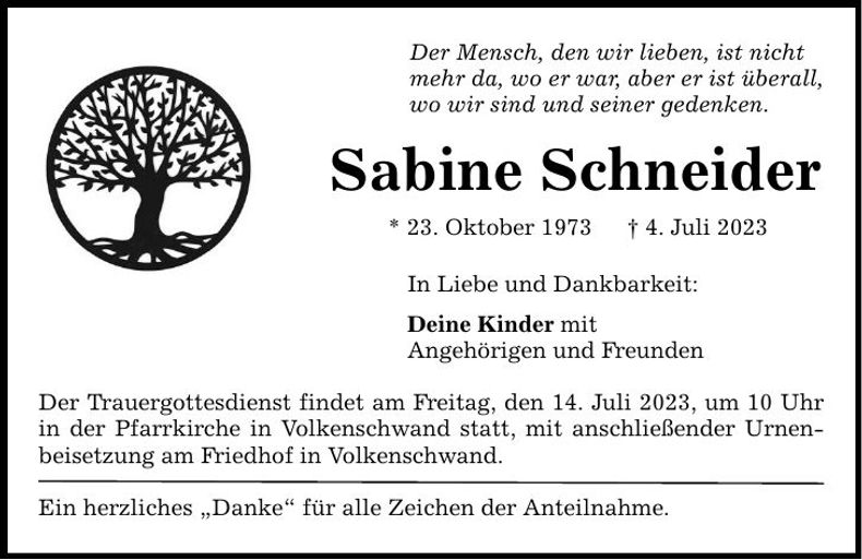 Traueranzeige Sabine Schneider