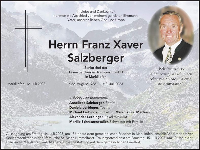 Traueranzeige Franz Xaver Salzberger
