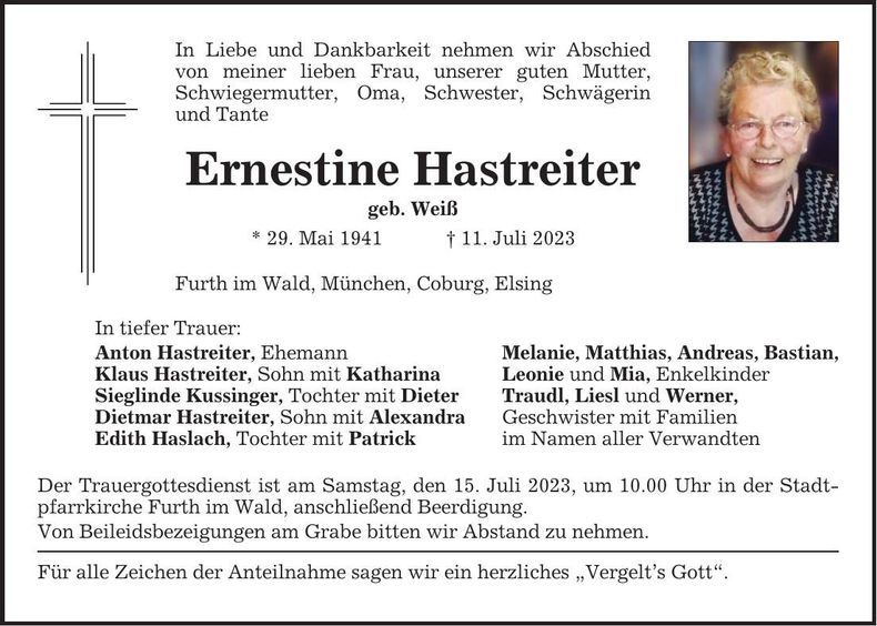 Traueranzeige Ernestine Hastreiter