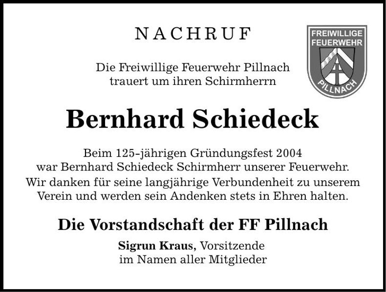 Traueranzeige Bernhard Schiedeck