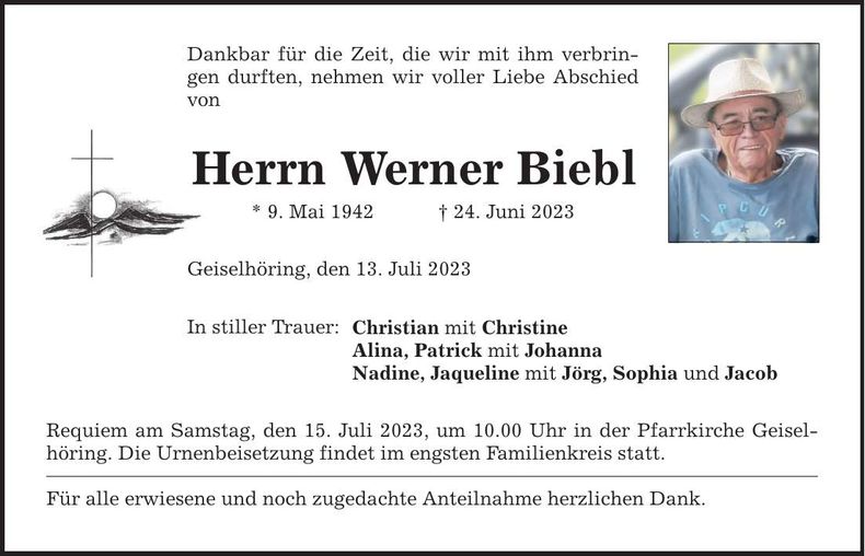 Traueranzeige Werner Biebl