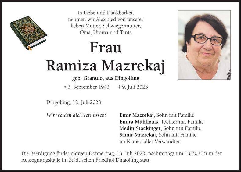 Traueranzeige Ramiza Mazrekaj