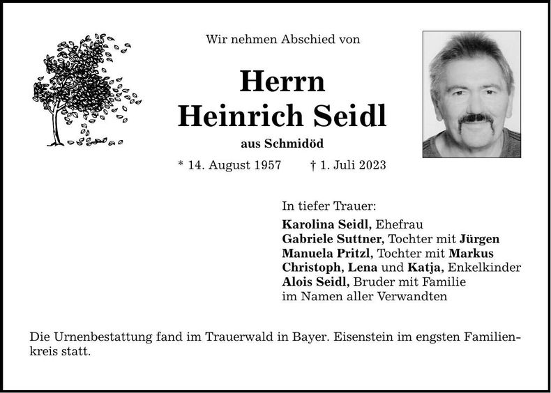 Traueranzeige Heinrich Seidl