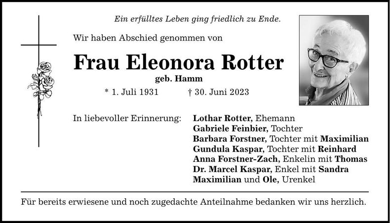 Traueranzeige Eleonora Rotter