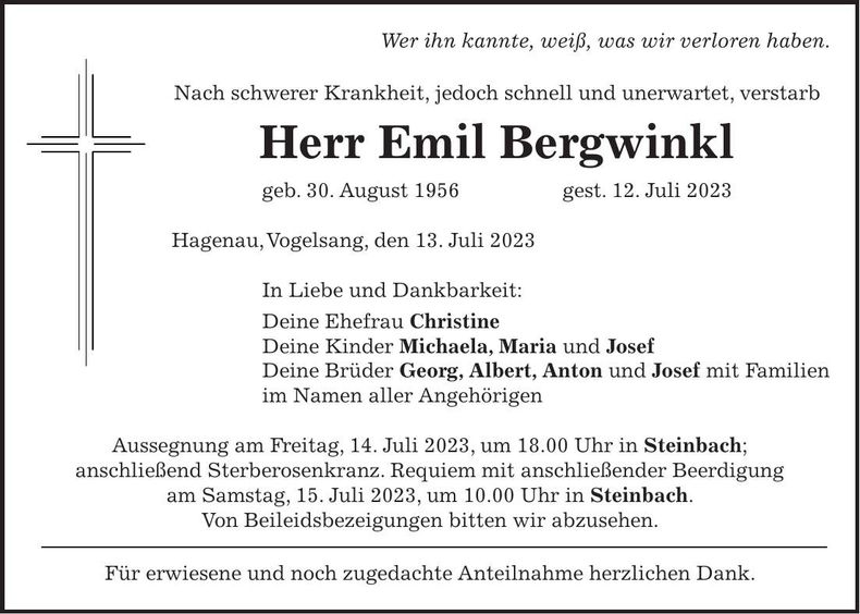 Traueranzeige Emil Bergwinkl