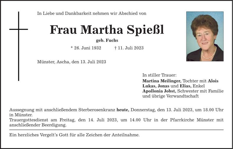 Traueranzeige Martha Spießl
