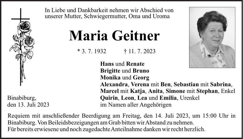 Traueranzeige Maria Geitner