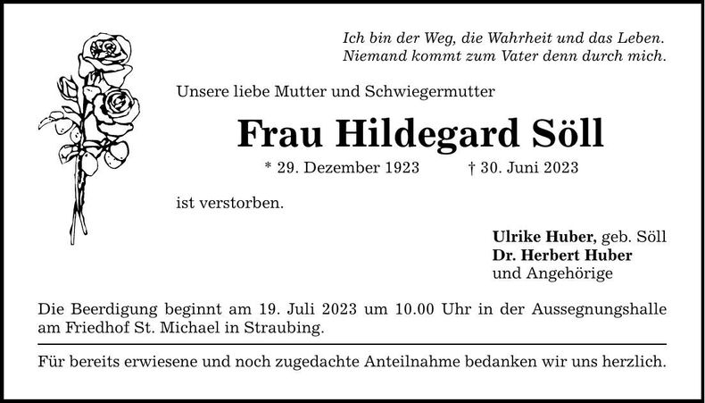 Traueranzeige Hildegard Söll