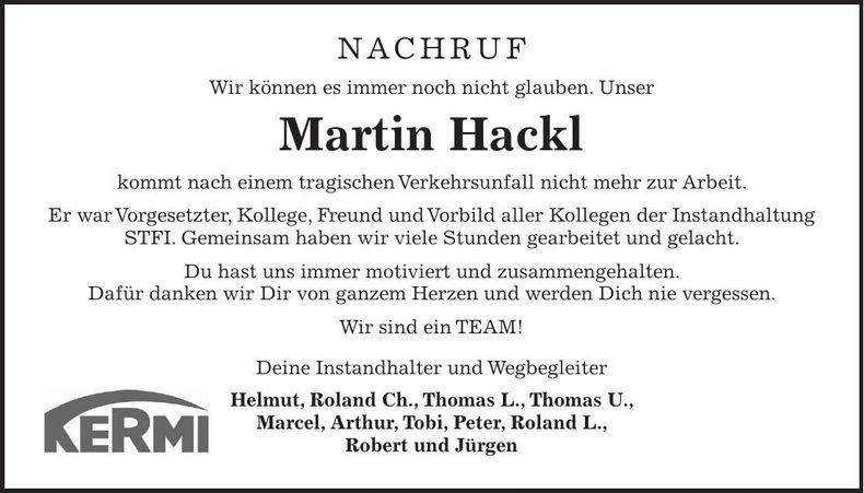 Traueranzeige Martin Hackl