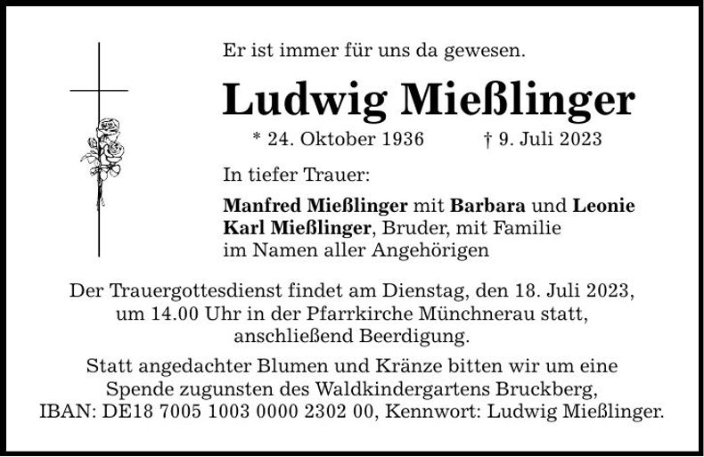 Traueranzeige Ludwig Mießlinger