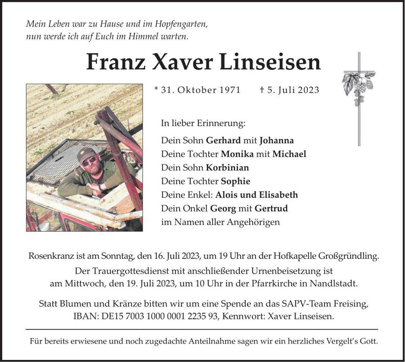 Traueranzeige Xaver Linseisen