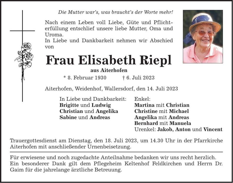 Traueranzeige Elisabeth Riepl