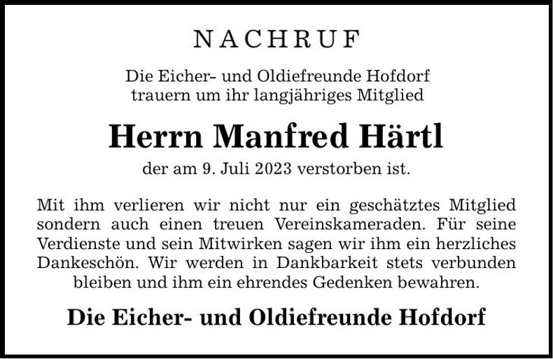 Traueranzeige Manfred Härtl